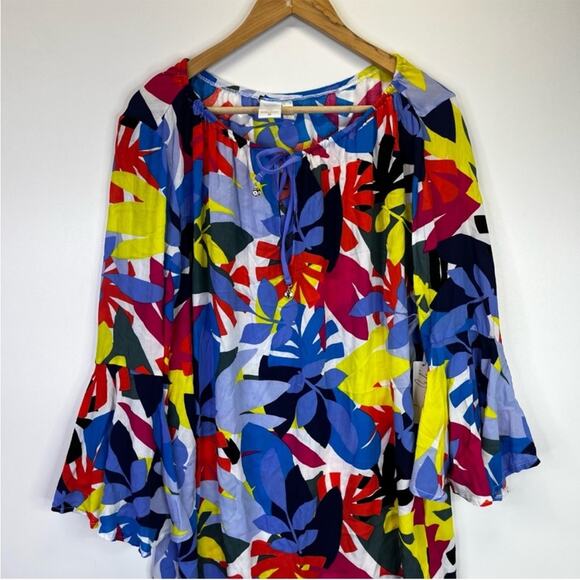 Anne Cole Floral Bell Sleeve Cover Up tunic blue - XS/S - Picture 4 of 12